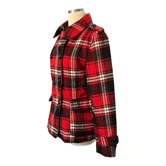 COCOA PLATINUM PLAID JACKET DOUBLE BREAST RED BLACK COAT WOOL‎ LINED SIZE MEDIUM - Picture 4 of 13
